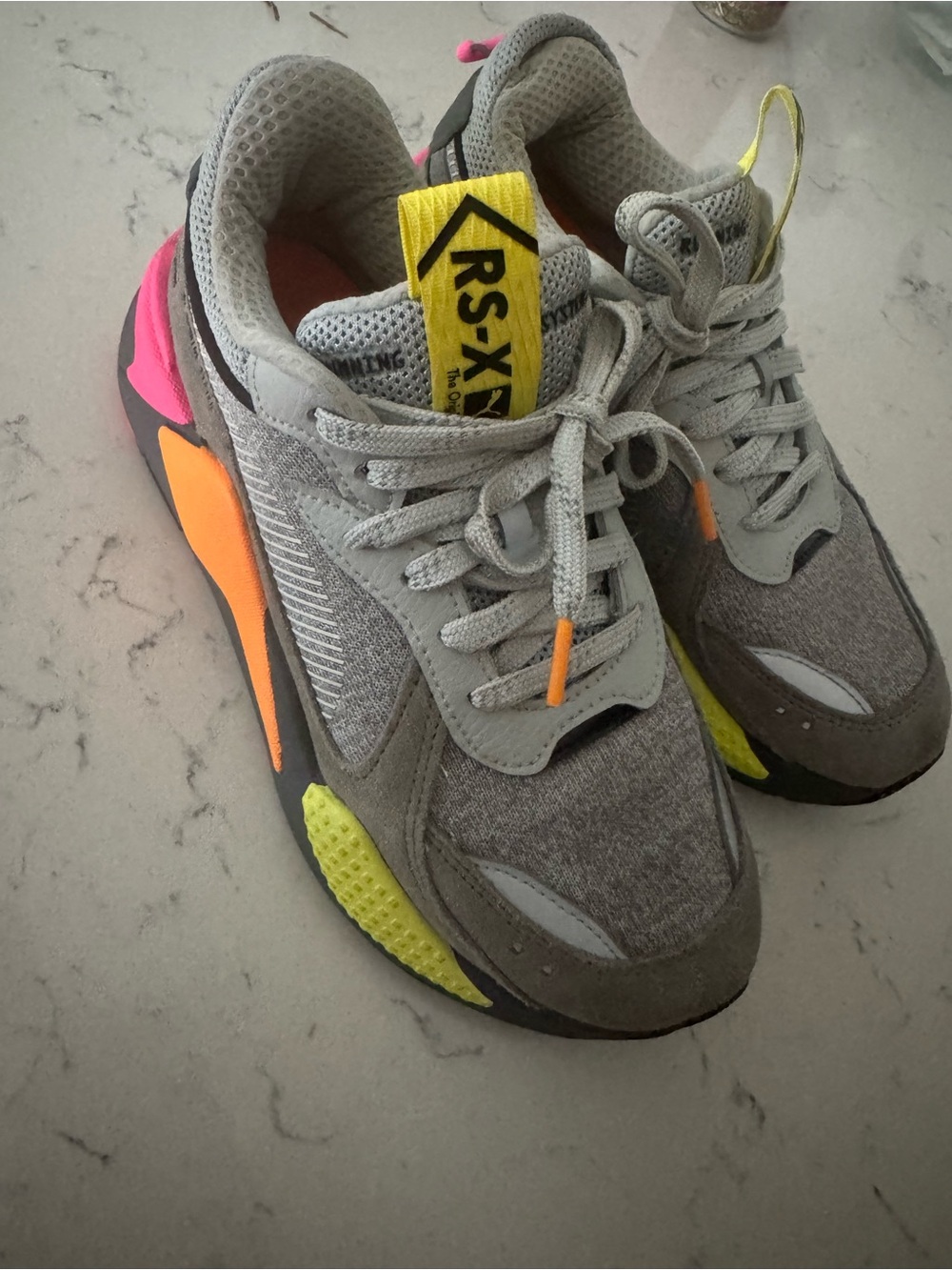 Puma RS-X Style Kids Gray Athletic Sneakers with Neon Accents